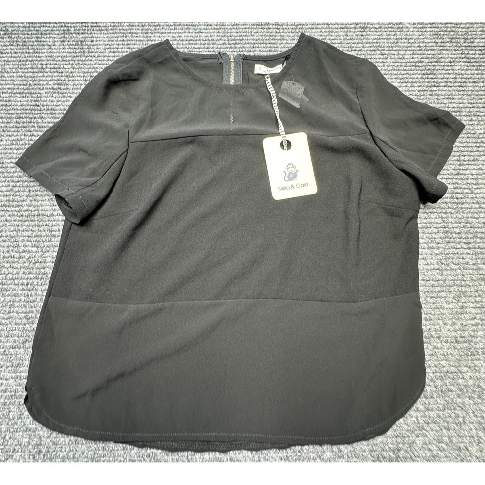 Mika & Gala Top Womens 8 Black Short Sleeve Blouse‎ Keyhole Back Dressy Shirt